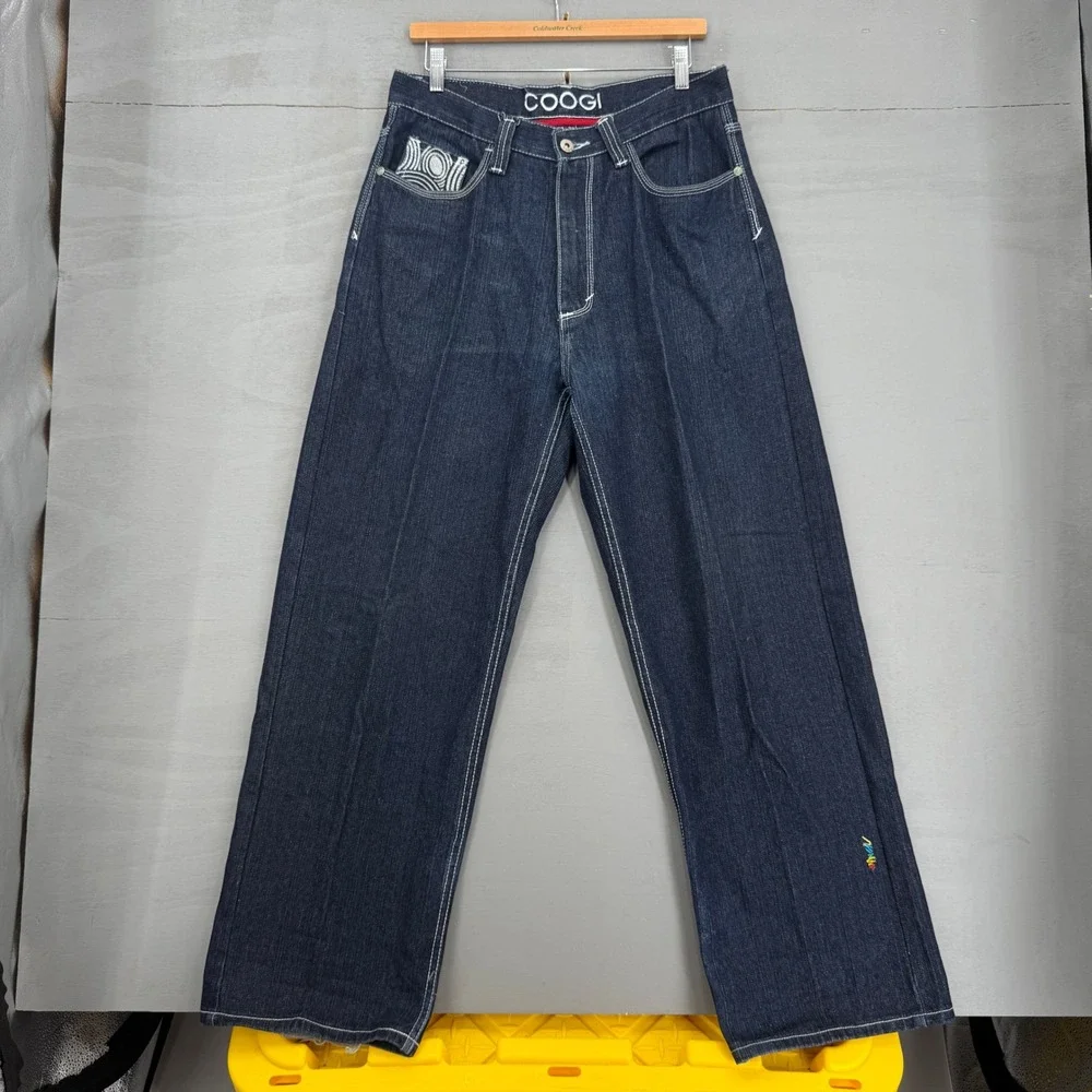 Y2K COOGI Jeans Dark Wash Indigo Embroidered Baggy Swirl Koala Animal 32 x 30
